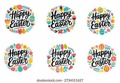 Happy Easter floral round badges set with hand drawn calligraphy text vector illustration