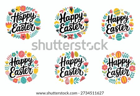 Happy Easter floral round badges set with hand drawn calligraphy text vector illustration