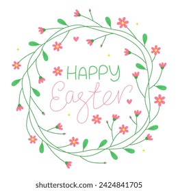 Happy Easter. Floral round frame with small pink flowers. Cute spring wreath. Meadow flowers. Handwritten vector lettering.