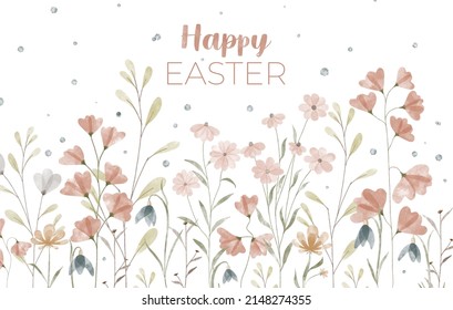 Happy Easter floral spring horizontal card and wildflowers  Watercolor hand drawn isolated illustration border  meadow floral background for your design 