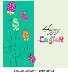 Happy Easter. Floral spring template with painted eggs. For romantic and easter design, announcements, greeting cards, posters, advertisement.