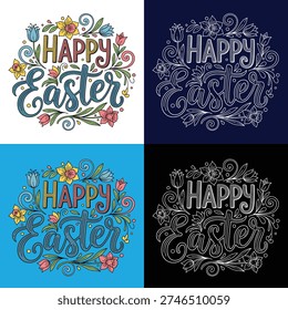 Happy Easter Floral Typography Illustration Set on Various Backgrounds