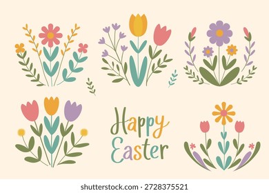 Happy Oster Blumenvektor-Set mit handgezeichneten Frühlingsblumen und dekorativen Schriftzügen