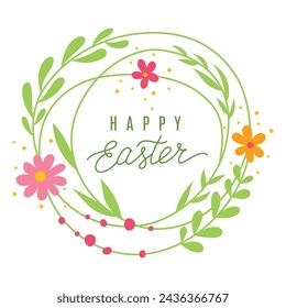 Happy Easter Floral Wreath Greeting Card. Vector Illustration with Colorful Wreath of Flowers and Hand Written Lettering. Isolated on White Background