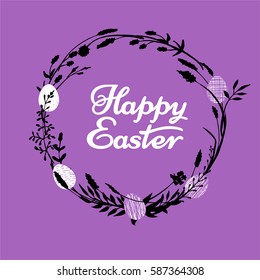 Happy Easter floral wreath silhouette with hand drawn flowers, field herbs, branches, twigs and Easter eggs. Botanical illustration. Vector design 