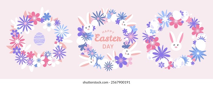 Happy Easter floral wreaths banner set, poster, greeting card with eggs, bunnies and flowers in pastel colors. Easter framed banner design, wreaths with bunnies ears,vignettes with typography.Vector 