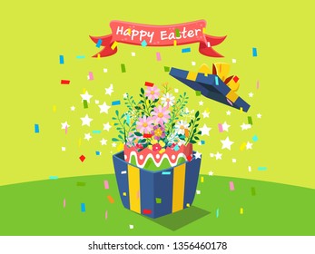 Happy Easter with flower and egg that comes out of the gift box. Vector illustration decorative element on Easter Day