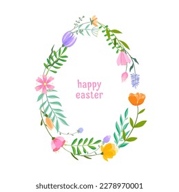 Happy Easter flower egg vector illustration. Trendy Easter design with typography and spring flowers in soft colors for banner, poster, greeting card