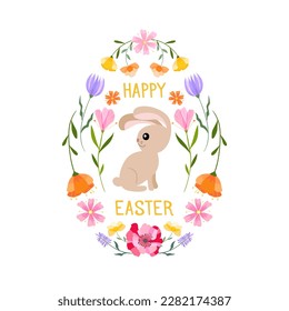 Happy Easter flower egg vector illustration. Trendy Easter design with typography, bunny and spring flowers in soft colors for banner, poster, greeting card.