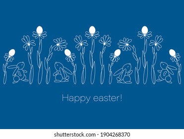 Happy easter. Flower garden. Cute rabbits . Vector postcard, poster. Template with rabbits