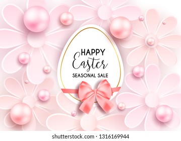 Happy Easter flower pink background with colorful egg, flower, ribbon and pearl. Egg hunt for children template layout. Vector illustration. Easter. Sale template.