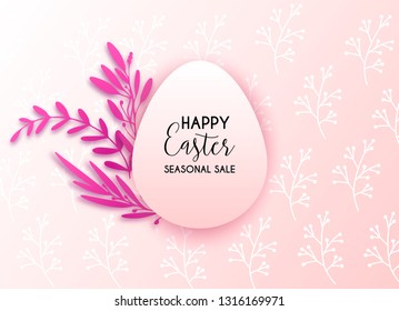 Happy Easter flower pink background with colorful egg, flower, ribbon and pearl. Egg hunt for children template layout. Vector illustration. Easter. Sale template.