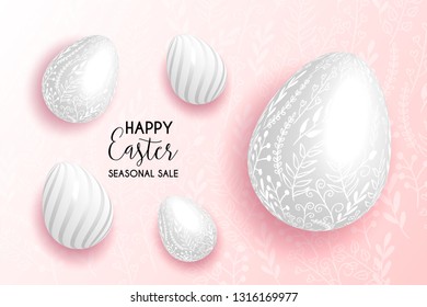 Happy Easter flower pink background with colorful egg, flower, ribbon and pearl. Egg hunt for children template layout. Vector illustration. Easter. Sale template.