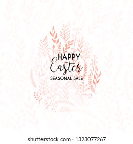 Happy Easter flower pink background with colorful egg, flower, ribbon and pearl. Egg hunt for children template layout. Vector illustration. Easter. Sale template.