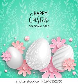 Happy Easter flower pink background with colorful egg, flower, ribbon and pearl. Egg hunt for children template layout. Vector illustration. Easter. Sale template.