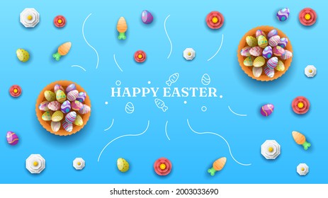 Happy Easter Flowers Basket With Eggs Greeting Background. Vector Design Banner Party Invitation Web Poster Flyer Stylish Brochure, Greeting Card Template