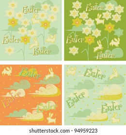 Happy Easter with Flowers, hopping bunnies, and sky clouds. A Set of Vector illustrations for spring cards, web page background 