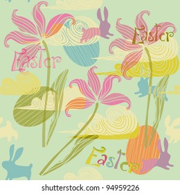  Happy Easter with Flowers, hopping bunnies, eggs and sky clouds. Vector illustration for  spring cards, web page background 