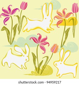 Happy Easter with Flowers, hopping white bunnies, and sky clouds. Vector illustration for  spring cards, web page background