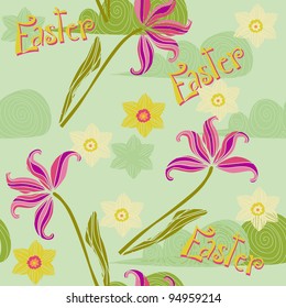  Happy Easter with Flowers and sky clouds. Vector illustration for spring cards, web page background 