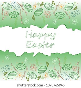 Happy Easter with flowers of willow and Easter eggs on a green background with a ribbon