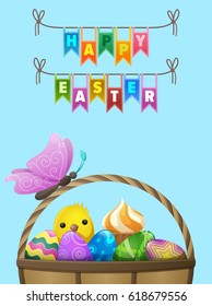 Happy easter flyer. Butterfly seating on handle of wicker basket full of bright painted eggs, cupcake and little chicken vector. Easter festive concept for wrapping paper, greeting card design