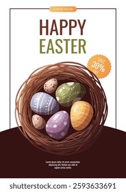 Happy Easter flyer with decorated easter eggs in a bird's nest. Vector illustration for, banner, promo, sale, advertising. 