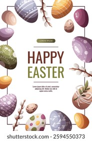 Happy Easter flyer with decorated easter eggs and willows. Festive, holiday, Easter. Vector illustration for, banner, promo, sale, advertising.