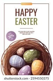 Happy Easter flyer with decorated easter eggs in a bird's nest. Vector illustration for, banner, promo, sale, advertising. 