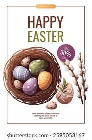 Happy Easter flyer with decorated easter eggs in a bird's nest and willows. Vector illustration for, banner, promo, sale, advertising.