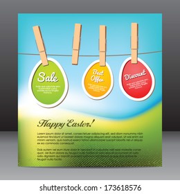 Happy Easter, Flyer design template with eggs stickers on clothespin, discount text