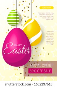 Happy Easter flyer for special offer with hanging decorated eggs. Vector illustration for card, advertisement, promotion, poster, flyer, banner, special offer, commercial.