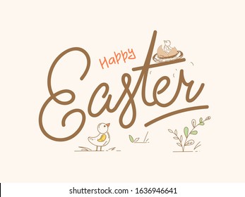 Happy Easter Font with Bird and Chick in Nest on Beige Background.