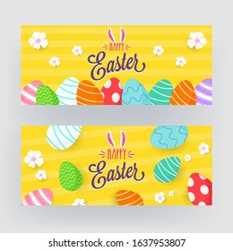 Happy Easter Font with Bunny Ear, Flowers and Printed Eggs Decorated on Yellow Strip Background in Two Option.