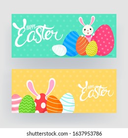 Happy Easter Font with Cartoon Bunny and Colorful Printed Eggs on Green and Yellow Background.