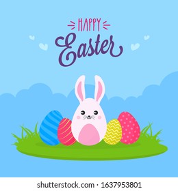 Happy Easter Font with Cartoon Bunny Eggs on Blue Clouds Background.