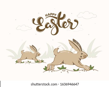 Happy Easter Font with Cartoon Rabbits Running on Grass White Background.