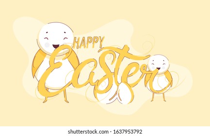 Happy Easter Font with Chick Birds and Egg on Light Yellow Background.