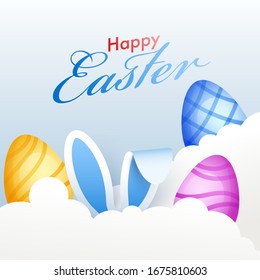 Happy Easter Font with Colorful Painted Eggs and Bunny Ear on Paper Cut Cloud Background.