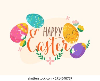 Happy Easter Font With Colorful Printed Eggs And Floral On White Background.