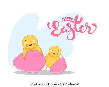 Happy Easter Font with Cute Chick and Eggs on White Background.