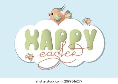 Happy easter font design. banner with birds. Vector illustration in doodle style, cursive