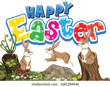 Happy Easter font design with easter bunnies in garden illustration