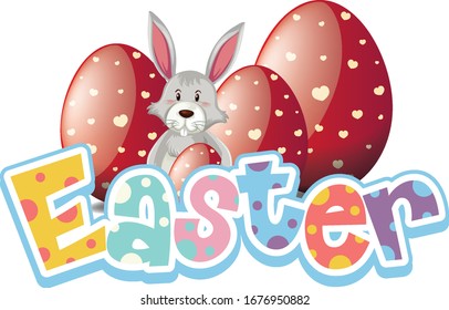 Happy Easter font design with easter bunny and eggs illustration