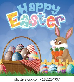 Happy Easter font design with easter bunny and eggs illustration