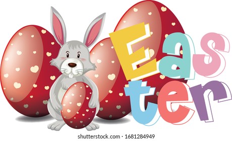 Happy Easter font design with easter bunny and eggs illustration