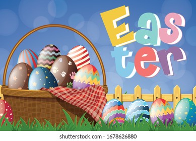 Happy Easter font design with painted eggs in garden illustration