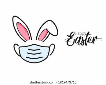 Happy Easter Font With line art Cartoon Bunny Wear Protective Masks On white Background.