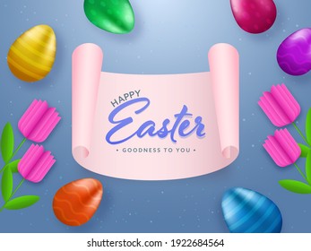 Happy Easter Font At Pink Scroll Paper With Glossy Colorful Eggs And Paper Tulip Flowers On Blue Background.