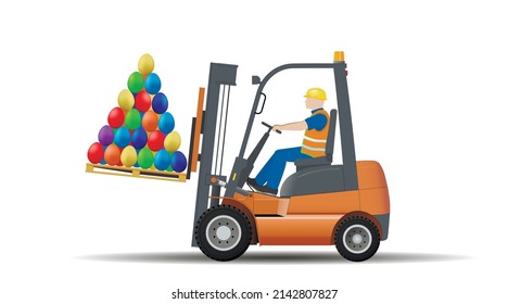 Happy Easter. A forklift driver is carrying a tray of colorful Easter eggs for the holiday. Vector illustration.